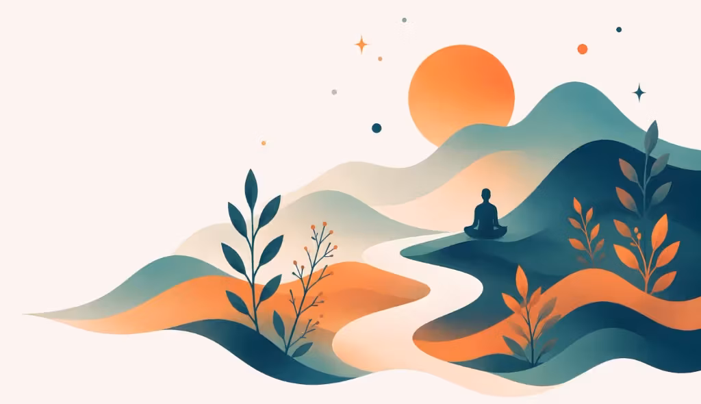 Stylized landscape with rolling hills, a meditating figure, and a warm sun